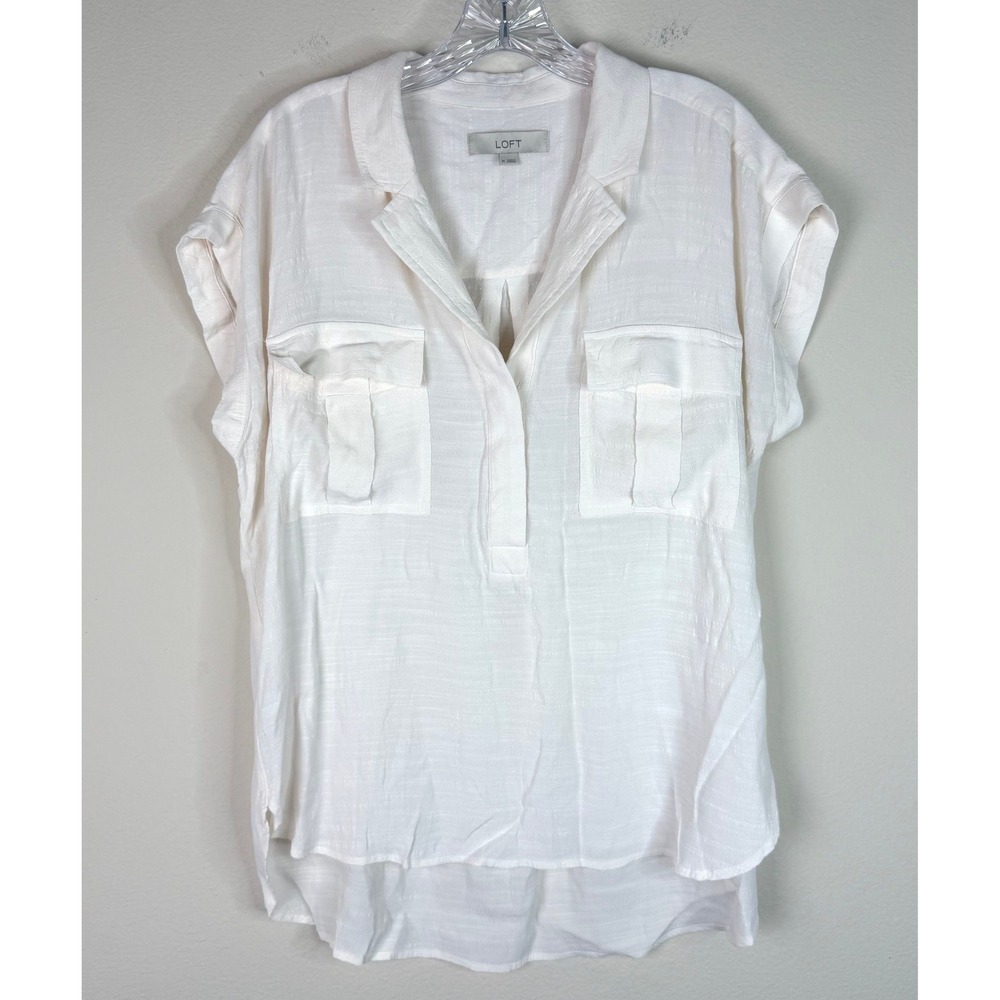 Loft Blouse Women Medium White Short Sleeve Utility Hi-Low Hem Textured Top